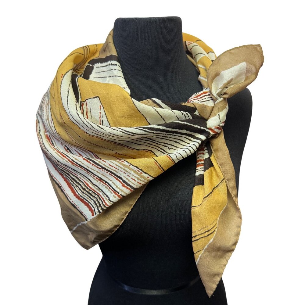 Vintage Linda Curiel Brown Abstract Silk Scarf 100% Polyester Square Made In Ita